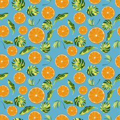 Tropical seamless pattern with oranges and tropical leaves. Background with repeating fruits. Vector bright print for fabric or wallpaper.