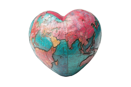 Heart-shaped globe symbolizing love for the world, showcasing continents and a vibrant red heart, emphasizing unity and global connection in a unique design