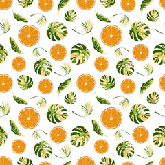 Tropical seamless pattern with oranges and tropical leaves. Background with repeating fruits. Vector bright print for fabric or wallpaper.