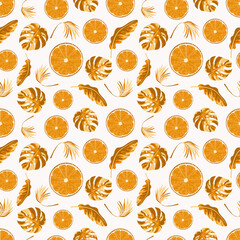 Tropical seamless pattern with oranges and tropical leaves. Background with repeating fruits. Vector bright print for fabric or wallpaper.