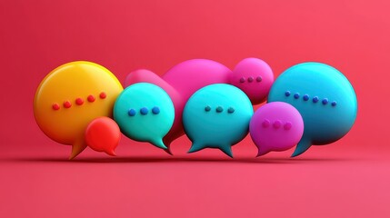 Colorful 3D speech bubbles, representing communication and discussion, on a vibrant red background