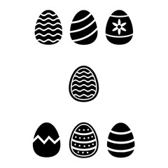 Set of six black and white Easter egg icons with various decorative patterns. 