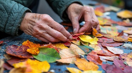 Hands arranging colorful autumn leaves on a surface.