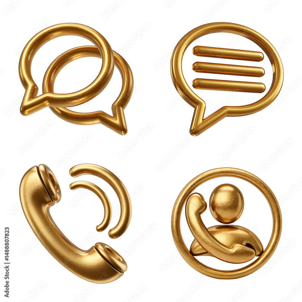 Poster golden 3d communication icons including chat bubble message telephone call symbol and user support c