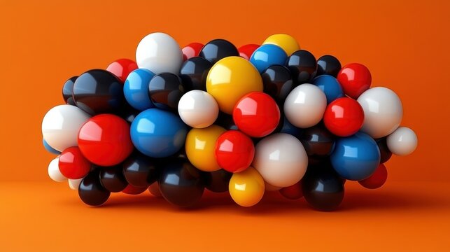 Colorful, glossy spheres cluster on an orange background