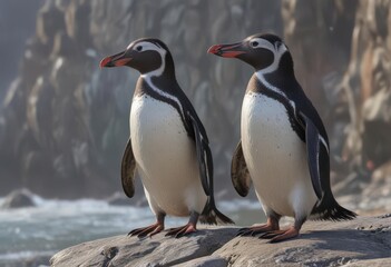 Fototapeta premium Humboldt penguin preening feathers on rocky coast , colony, sea
