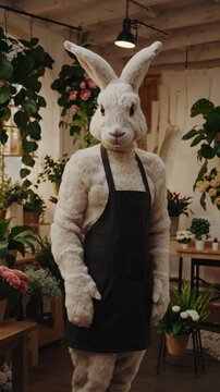 Lapin en tablier dans une boutique de fleurs, sc&egrave;ne florale po&eacute;tique et surr&eacute;aliste

