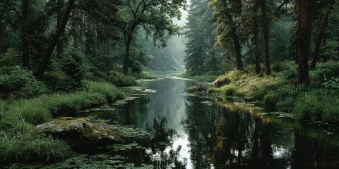 Obraz premium Calm river flowing through a tranquil forest landscape at dawn with mist rising and greenery reflecting in the water