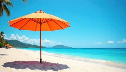 Fototapeta premium Large beach umbrella on sandy shore, blue sky , travel, summer