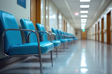 Row of blue chairs in a hospital waiting hallway