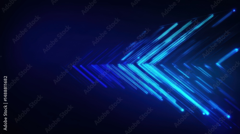Poster dynamic blue light trails creating a futuristic arrow design against a deep purple background for te