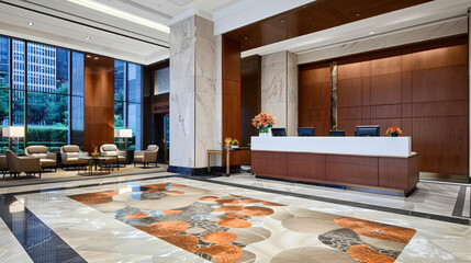 Modern hotel lobby with reception desk and waiting area