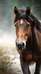 Fototapeta premium Majestic brown horse standing in misty forest setting during early morning light