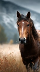 Majestic brown horse running in a grassy field with mountains in the background during late afternoon light