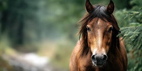 Obraz premium Wild horse standing still in a lush forest with soft sunlight filtering through the trees