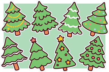 Cheerful horizontal illustration with various decorated pine and fir trees in green tones with star toppers, with ample blank space for adding custom holiday text or classroom messages