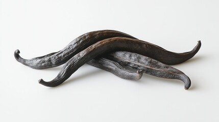 Dark brown vanilla beans, slightly curved,  on a plain white background