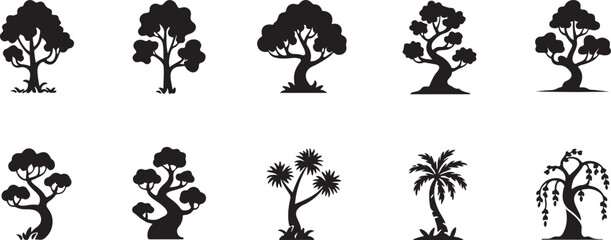 Ten Black Silhouette Tree Icons Set for Design