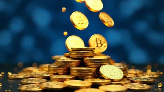 A bunch of golden bitcoin coins falling to the ground from above on a dark background in realistic slow motion 3D animation. Bullish Bitcoin price rising, cryptocurrency, 2p2 exchange and blockchain c