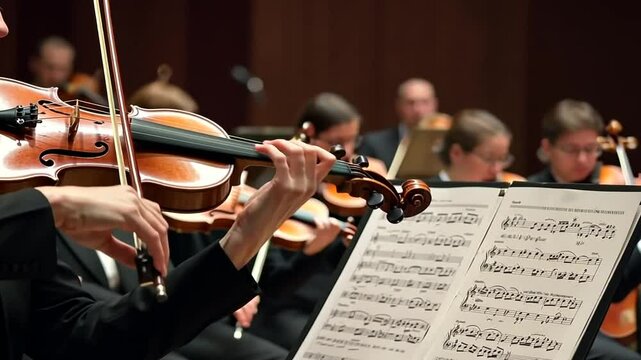 Orchestra Performance with Violinists Playing Musical Instruments in a Concert Hall with a Focus on Hands and Sheet Music