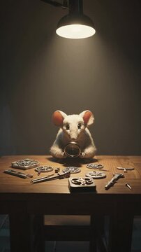 Souris anthropomorphe examinant des m&eacute;canismes sous une lampe, ambiance de d&eacute;tective miniature

