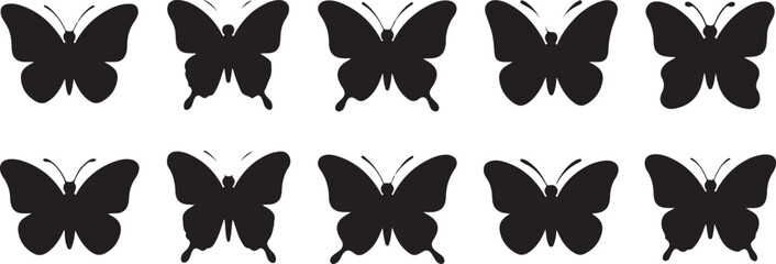 Ten Black Butterfly Silhouettes on White Background