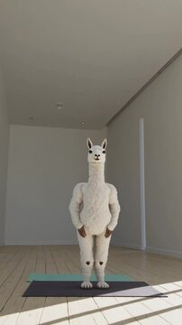 Lama anthropomorphe debout sur un tapis de yoga, dans une pi&egrave;ce lumineuse et minimaliste

