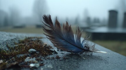A solitary feather rests on a somber grave.