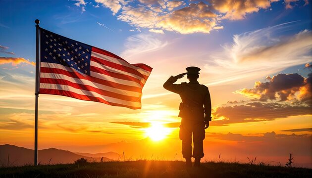Silhouette of a saluting person under a waving flag with sunset background.
