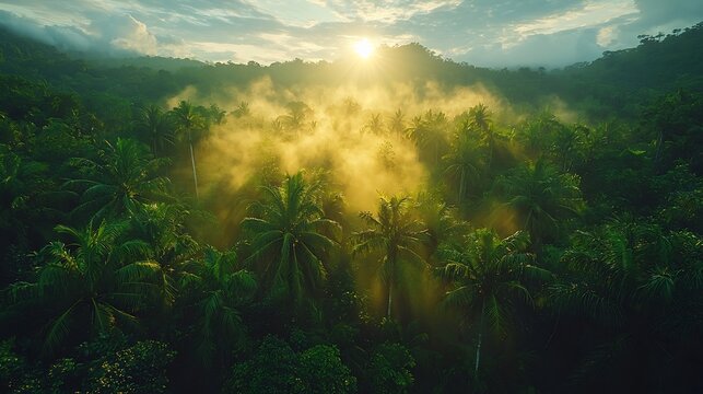 Rainforest scene showing hydrosphere evaporation biosphere canopy atmosphere clouds in single frame integrated Earth system view