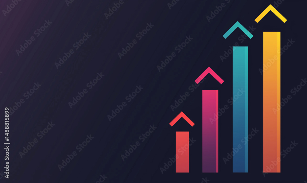 Poster colorful bar graph with upward arrows representing growth and progress on a dark background.