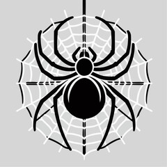 Fototapeta premium Black spider on web in minimalist style with gray background 