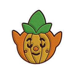 Smiling elf Jack-o’-lantern in cute embroidery style with green ears and leaf hat. Halloween fantasy pumpkin for digital crafts, kids designs and magical illustrations