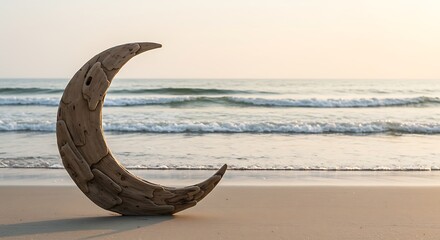 A creatively assembled crescent moon sculpture made of driftwood sits peacefully on a sandy shore, with gentle ocean waves and a soft dusky sky in the background.
