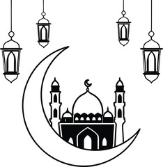 Fototapeta premium Islamic Mosque And Crescent Silhouette Vector ,set of vector icons