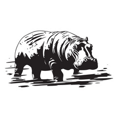 Black silhouette of Hippopotamus illustration icon for logo, isolated on white background, Hippopotamus line art silhouette