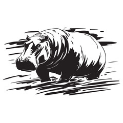 Black silhouette of Hippopotamus illustration icon for logo, isolated on white background, Hippopotamus line art silhouette