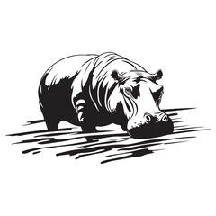 Black silhouette of Hippopotamus illustration icon for logo, isolated on white background, Hippopotamus line art silhouette