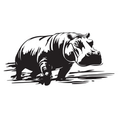 Black silhouette of Hippopotamus illustration icon for logo, isolated on white background, Hippopotamus line art silhouette