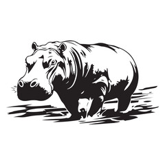 Black silhouette of Hippopotamus illustration icon for logo, isolated on white background, Hippopotamus line art silhouette