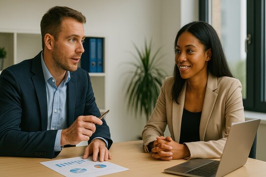 A professional office setting where a manager is conducting an interview or evaluation with an employee.  The atmosphere suggests a performance review, job interview, or one-on-one meeting․