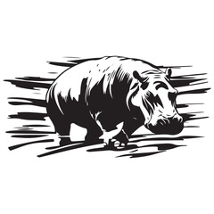 Black silhouette of Hippopotamus illustration icon for logo, isolated on white background, Hippopotamus line art silhouette