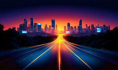 Fototapeta premium Highway leading to a distant city skyline at sunset. Golden glow, blue road, silhouette. Vibrant colors and atmosphere