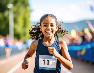 Smiling young athlete running a track race with a visible race bib and enthusiastic expression, with cheering crowd and green trees in the background.