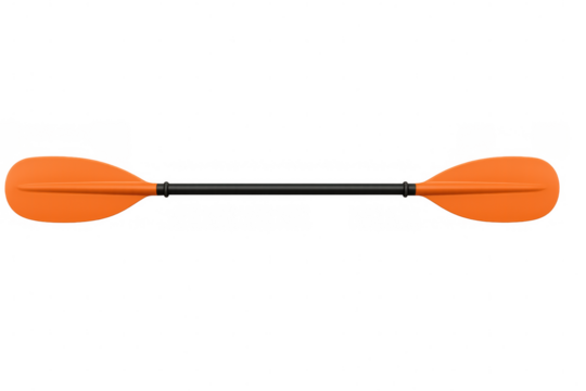 Orange-bladed plastic kayak paddle with black shaft, floating against transparent backdrop, highlighting essential watersports gear