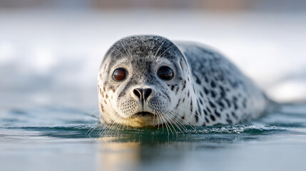 Seal gliding on icy slope into cold water - nature and wildlife scene