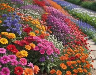 Rows of colorful flowers in a neatly arranged garden bed,  foliage,  vibrant,  fresh
