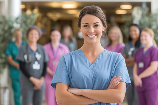 Healthcare workers, including nurses and doctors, stand together in a hospital, displaying unity and dedication to patient care. The scene highlights their important roles and commitment