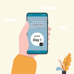 Woman user checks smartphone calendar app. Mobile phone with application for monitoring menstrual cycles, natural rhythm of periods. Women periods PMS problem.