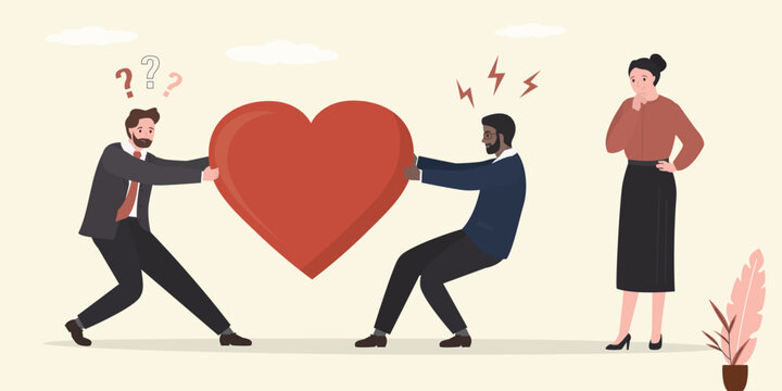 Two lover men fight for woman heart. Rivals in love, opponents pulling big heart in different directions. Beautiful girl thinking about which boyfriend to choose.
